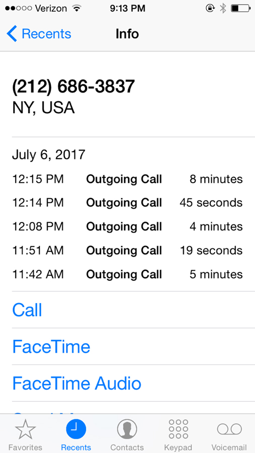 Uno de los registros de llamadas telef&oacute;nicas de los denunciantes al Consulado General de Guatemala en Nueva York, para comprobar que tratan de comunicarse que les dejan esperando y que nadie les da respuesta.