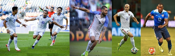 (Izquierda). Bryan Tamacas, Gerson Mayen y Rodolfo "Fito" Zelaya, son parte de los seleccionados salvadoreños que aspiran seguir avanzando en Copa Oro 2017. (Derecha) Clint Demsey, Michael Bradley y Josy Altidore, tres de los experimentados jugadores estadounidense que reforzaran al Team USA en los cuartos de final. (Fotos: Getty)