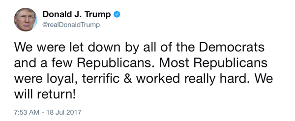 A LAS 7: 53 A.M. del 18 de julio murió el ‘Trumpcare’, cuando Donald Trump anunció vía Twitter que por culpa de los demócratas y algunos republicanos no habían aprobado su plan de salud.