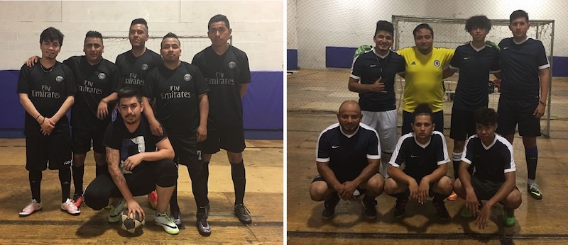 Los sextetos del Juventus (izquierda) y el Inter (derecha) grandes protagonistas del campeonato dominical organizado por la Fair Play Soccer League/Liga Juego Limpio, desarrollando su campeonato en la sede-local del Brooklyn Junior S.C.en el 160 de la Calle 48, en Brooklyn. (Foto Cortesía: FaPlaSoLe)