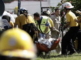 Miembros de los equipos de rescate trasladan a varios supervivientes de un accidente de avioneta