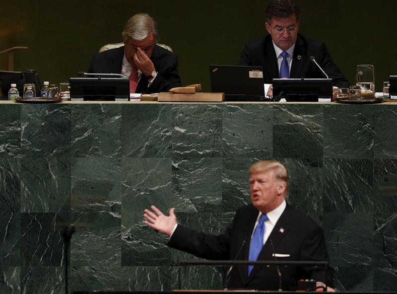 Donald Trump durante su intervenci&oacute;n en la apertura del debate de alto nivel de la Asamblea General de la ONU.