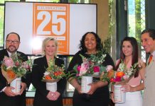 Los reconocidos por Acción posaron para el lente de Impacto, ellos son de Izq. a Der.: Stephanie Bush, Vicepresidente Ejecutivas de The Hartford, empresa que fue reconocida con el Premio a la Dedicación; Robert, Presidente de Goya Foods, recibió a nombre de la empresa el Premio a la Inclusión; Jessica Spaulding, propietaria de la Fábrica de chocolate de Harlem, Vicepresidente Ejecutiva de Pequeñas Empresas recibió el Premio a la Adaptabilidad; Lauren Petrick, Fundadora y Directora del Programa de Atletismo de LEAP South Florida recibió el Premio a la Pasión, les acompaña Paul Quintero, CEO de Acción.