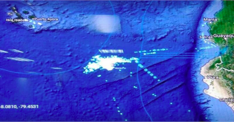 El portal digital Cuatro Pelagatos en su artículo del 18 de agosto incluyó esta imagen satelital en la que se aprecia la flota pesquera china frente a las costas ecuatorianas y de las Galápagos, como una mancha gigantesca.