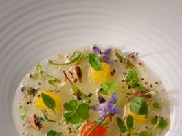 Gel de tomate verde receta del Chef Alex Atala del restaurante DOM en Sao Paulo, contiene maíz tostado y flores comestibles.