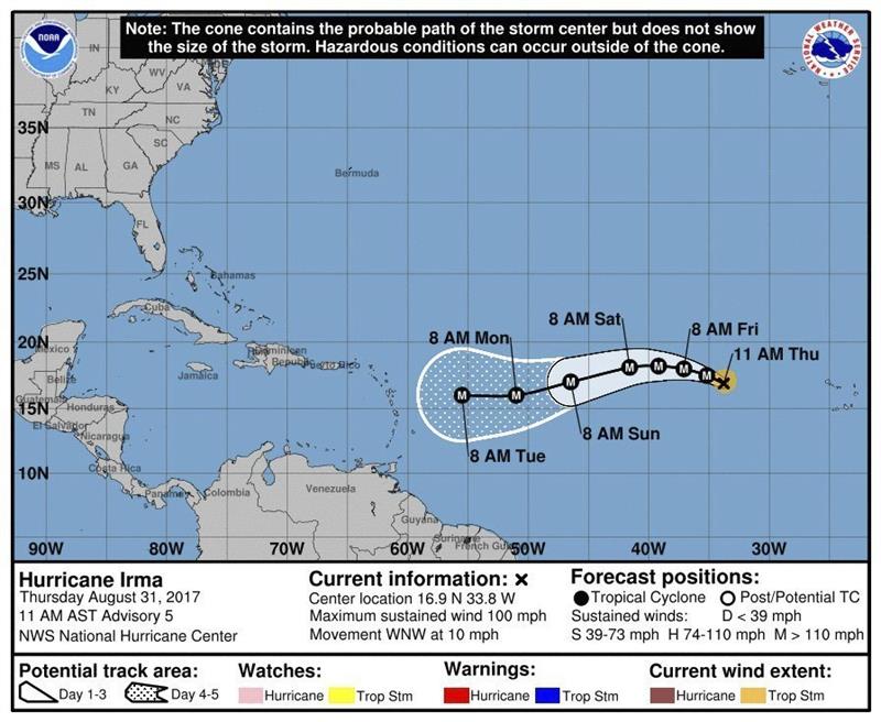Gr&aacute;fico cedido por el Centro Nacional de Huracanes (NHC) que muestra una previsi&oacute;n de 5 d&iacute;as del posible desarrollo y direcci&oacute;n del hurac&aacute;n Irma