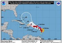 Gráfico cedida por el Centro Nacional de Huracanes (CNH) que muestra el recorrido y la posible trayectoria del huracán María. María se convirtió hoy en un "peligroso" huracán categoría 4