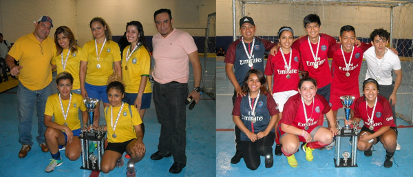 Flamantes campeones en la Fair Play Soccer League. Las jovencitas Hondu-Cariocas del Brasil que apabullaron al Mi Bella Pixtla para conquistar el título en la categoría Damas/Femenil. Con ellas, Anibal Ochoa, vice-presidente de Liga de Fútbol Guatemala e Ivan Mendoza, máximo dirigente de la Fair Play Soccer League. (Derecha) Integrantes del P.S.G., que vencieron al Chelsea para adjudicarse el campeonato en la categoría Mixta. (Fotos: Buki Chapin)
