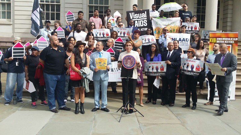 Cecilia Gentili, Director of Policy and Advocacy at GMHC, speaking about the needs of Latino communities and many of our communities most in need. Next to Guillermo Chacon, Gustavo Morales and Ana Maria Hoffman of the Dominican Women&rsquo;s Development Center (DWDC) Cecilia Gentili, Directora de Pol&iacute;ticas y Abogac&iacute;a de GMHC, hablando sobre las necesidades de las comunidades Latinas y muchas de nuestras comunidades m&aacute;s necesitadas. Junto a Guillermo Chac&oacute;n, Gustavo Morales y Ana Maria Hoffman del Centro de Desarrollo Femenino Dominicano (DWDC)