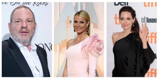 Combo de fotografías de archivo que muestran, desde la izquierda, al productor de cine Harvey Weinstein, y las actrices Gwyneth Paltrow y Angelina Jolie.