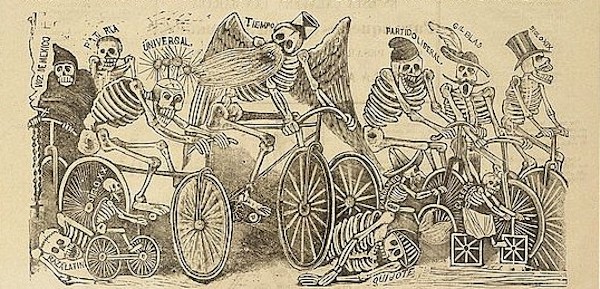 Gr&aacute;fica del artista mexicano Jos&eacute; Guadalupe Posada (1898-1902) quien populariz&oacute; las calaveras como una forma de protesta a las grandes diferencias socio-econ&oacute;micas en M&eacute;xico.