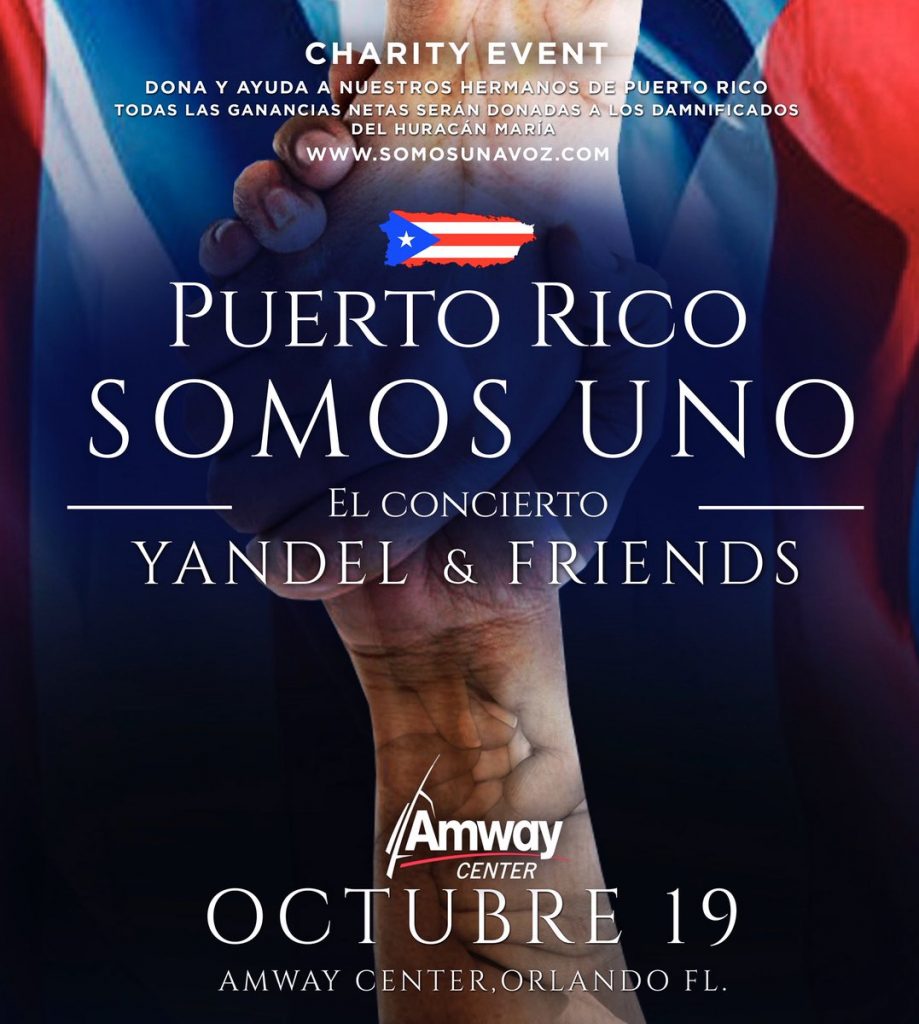 "Puerto Rico Somos Uno", concierto que el cantante Yandel organiza para el 19 de octubre en Orlando. (foto twitter @yandeloficial)