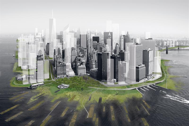 Se muestra una concepci&oacute;n art&iacute;stica del proyecto "Gran U", que prev&eacute; rodear el bajo Manhattan con un gran dique ondulado, sobre el que se asiente una cubierta vegetal y arb&oacute;rea, con el objetivo de proteger la ciudad de Nueva York (EE.UU) de la subida del nivel del mar causada por el cambio clim&aacute;tico