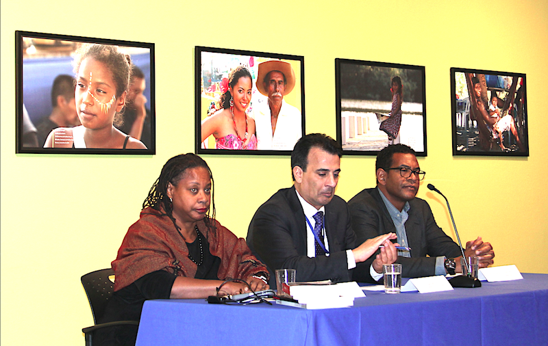 Los integrantes del panel, de Izq. a Der. Dra. Anita Gonz&aacute;lez, Profesora de la Universidad de Michigan, Craig Mokhiber moderador y miembro de la Comisi&oacute;n de Derechos Humanos de Naciones Unidas y el catedr&aacute;tico Herman Bennet de CUNY.