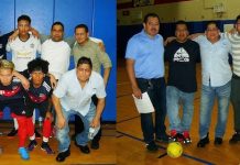 (Izquierda) Integrantes del Unión Centroamericana actualmente ocupando el cuarto lugar Primera división en la Liga de Fútbol HONDUCOL. (Derecha) Posando para la página Deportiva de Impacto Latino, desde la izquierda, Alvaro Castelar, presidente de la Liga HONDUCOL; Henry Benavidez, DT del Galácticos; El Maestro Chema, dirigente del UCA; Allan Benitez, hombre gol en fútbol e indoor fútbol; Pedro López, dirigente del Aleros F.C. y Jose Serrano dirigente de El Salvador C.A. (Fotos: Buki Chapin)  