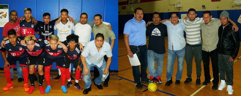 (Izquierda) Integrantes del Unión Centroamericana actualmente ocupando el cuarto lugar Primera división en la Liga de Fútbol HONDUCOL. (Derecha) Posando para la página Deportiva de Impacto Latino, desde la izquierda, Alvaro Castelar, presidente de la Liga HONDUCOL; Henry Benavidez, DT del Galácticos; El Maestro Chema, dirigente del UCA; Allan Benitez, hombre gol en fútbol e indoor fútbol; Pedro López, dirigente del Aleros F.C. y Jose Serrano dirigente de El Salvador C.A. (Fotos: Buki Chapin)