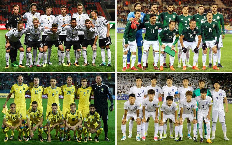  Combo de im&aacute;genes de los onces titulares de las selecciones del grupo F (Alemania, M&eacute;xico, Suecia y Corea del Sur) tras el sorteo del Mundial de Rusia 2018 celebrado en el Palacio del Kremlin de Mosc&uacute;.