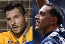 El jugador de Tigres André-Pierre Gignac (i) y el jugador del Monterrey Rogelio Fines Mori (d).