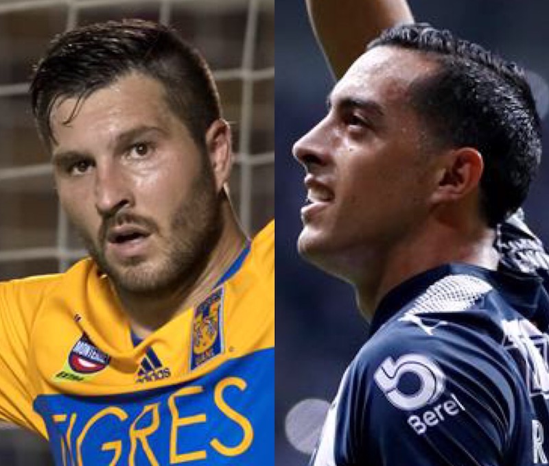 El jugador de Tigres Andr&eacute;-Pierre Gignac (i) y el jugador del Monterrey Rogelio Fines Mori (d).