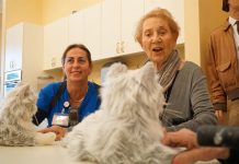 Animales robóticos, terapia para la soledad y estrés de personas con demencia Una residente de Palace Gardens interactuando con un gato robot, en la sede del hogar en la ciudad de Homestead, sur de Florida.