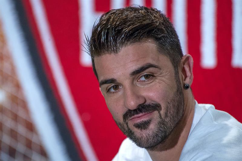 El futbolista español del New York City David Villa participa durante una rueda de prensa celebrada en el marco de la conferencia de la Asociación Nacional de Ejecutivos Televisivos (NATPE)
