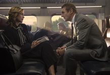 El actor Liam Neeson como Michael y la actriz Vera Farmiga como Joanna, durante una escena del thriller "The Commuter" del cineasta Jaume Collet-Serra que figura como una de las principales novedades de la cartelera estadounidense de este fin de semana.