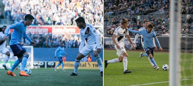Acciones como estas vimos en el encuentro entre el New York City F.C. y el Galaxy de Los Ángeles en el Yankee Stadium. (I) El debutante Jesus Medina frente a frente contra Jonathan dos Santos. (D) David "El Guaje" Villa en camino rumbo anotar gol. (Fotos Cortesía: Cathy Lojo)