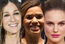 Combo de fotografías donde aparece de izquierda a derecha, Sarah Jessica Parker, América Ferrera y Natalie Portman. Actrices de Hollywood piden al estado de Nueva York salario fijo para meseros.