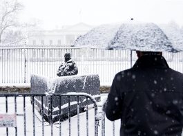 Una tormenta de nieve en Washington paraliza al Gobierno Un hombre observa a un agente de los servicios secretos que vigila el complejo de la Casa Blanca durante una intensa nevada
