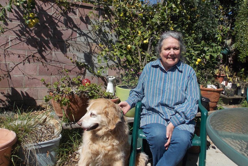 Inez Shakman vive en Ventura, California, y fue diagnosticada recientemente con enfermedad pulmonar obstructiva cr&oacute;nica (EPOC). Pasea a su perro, Joy, cuando puede, pero le falta el aliento con facilidad. (Anna Gorman/California Healthline)