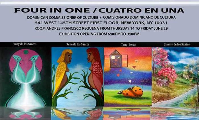 La exposici&oacute;n colectiva &lsquo;Cuatro en Uno&rsquo;, integrada por los hermanos pintores Tony, Ren&eacute;, Jimmy de los Santos y Tany P&eacute;rez, ser&aacute; presentada en el Comisionado Dominicano de Cultura en los Estados Unidos, entidad del Ministerio de Cultura de la Rep&uacute;blica Dominicana, del 14 al 29 de junio de 2018.