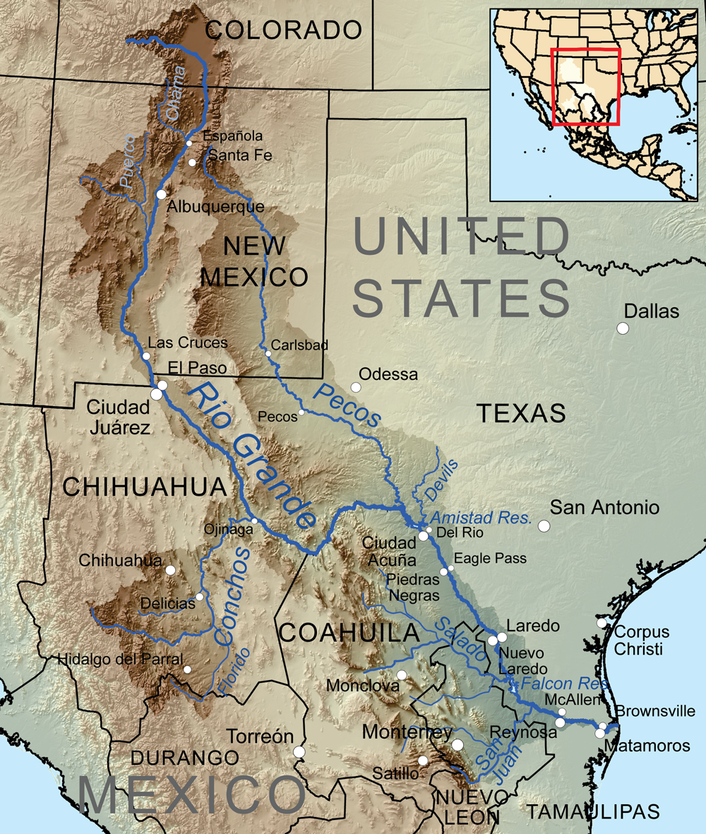 El R&iacute;o Grande inicia en la parte sur-central del estado de Colorado y fluye por 3.000 kil&oacute;metros hasta llegar al Golfo de M&eacute;xico.  Kmusser, CC BY-SA