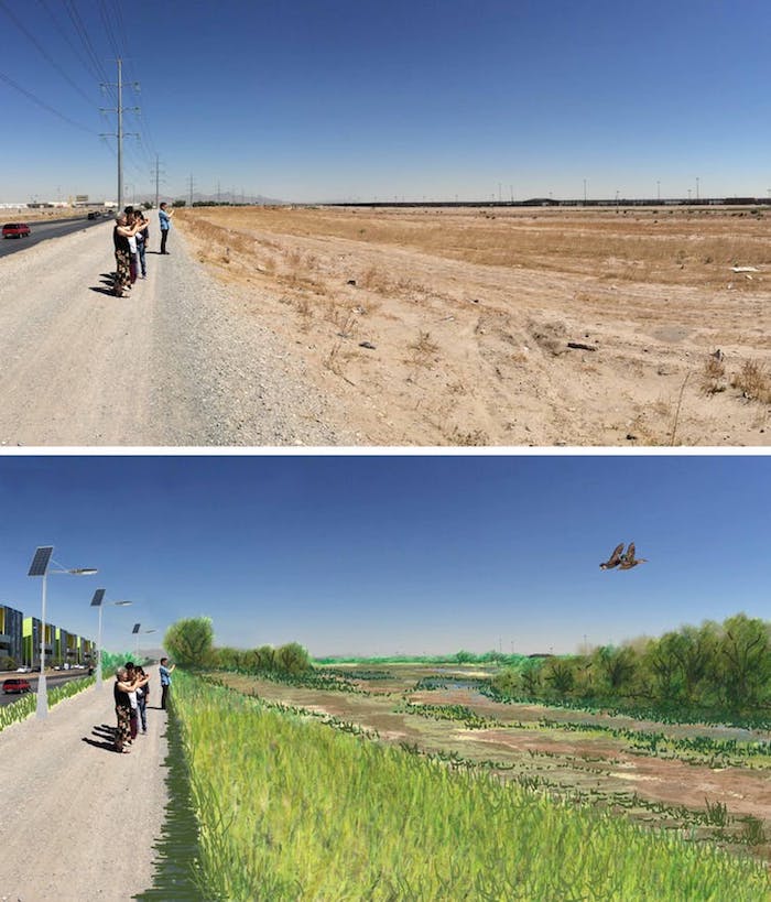 Arriba: El R&iacute;o Grande/Bravo en la zona oriente de Ciudad Ju&aacute;rez el d&iacute;a de hoy, con turistas fotografiando las barreras fronterizas en el lado estadounidense. Abajo: El mismo sitio visto en 10 a&ntilde;os, con turistas fotografiando vida silvestre y un r&iacute;o vivo. Gabriel Diaz Montemayor, CC BY-ND