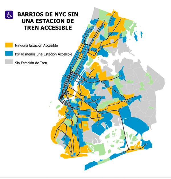 De los ciento veintid&oacute;s vecindarios de la ciudad de Nueva York atendidos por el sistema de metro, sesenta y dos no tienen una estaci&oacute;n accesible y de ellos cincuenta y cinco est&aacute;n en el Bronx, Brooklyn y Queens. Fuente: Contralor&iacute;a de Nueva York.