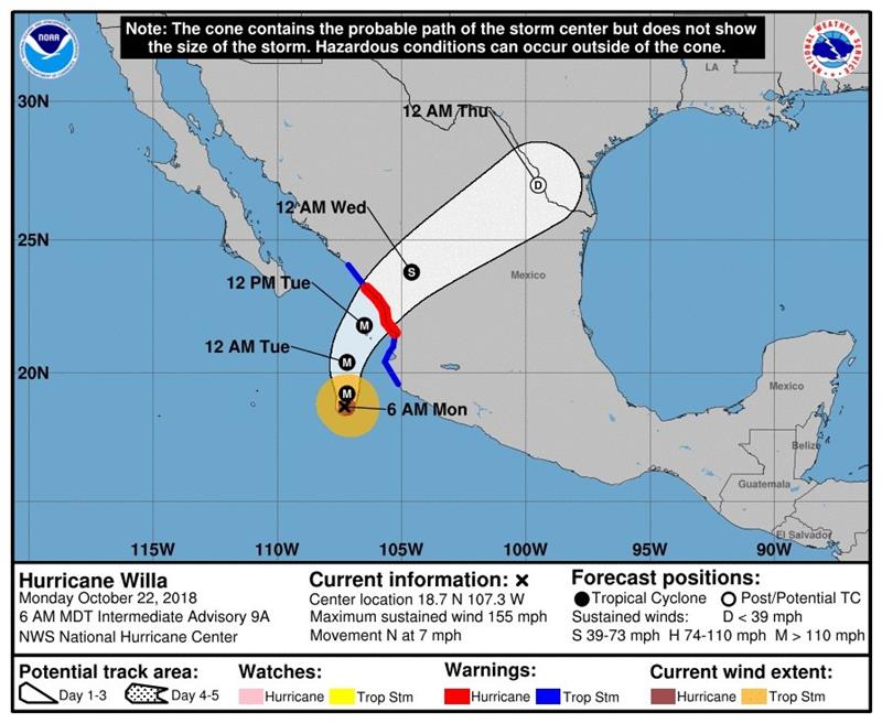 Imagen cedida hoy, lunes 22 de octubre de 2018, por el Centro Nacional de Huracanes (NHC) de EE.UU. que muestra el pronóstico de cinco días del huracán Willa, que anoche alcanzó la categoría 4 en la escala Saffir-Simpson. Willa avanza hacia el norte sobre el Pacífico y se espera que toque tierra la tarde del martes en los límites de los estados mexicanos de Nayarit y Sinaloa, informó hoy el Sistema Meteorológico Nacional (SMN). En su reporte más reciente, el SMN indicó que Willa se encuentra 250 kilómetros al oeste-suroeste de Playa Pérula, estado de Jalisco, y 255 al suroeste de Cabo Corrientes, en el mismo estado del oeste de México.