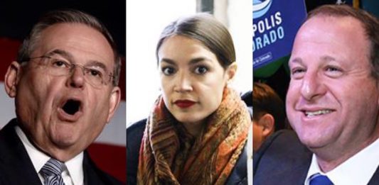 Combo de fotografías (de izq. a der.) Bob Menéndez, Alexandria Ocasio-Cortez y Jared Polis.