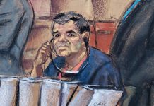 Reproducción fotográfica de un dibujo realizado por la artista Jane Rosenberg donde aparece el narcotraficante mexicano Joaquín "El Chapo" Guzmán