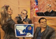 Defensa del "Chapo" intenta desacreditar al último testigo de la Fiscalía Reproducción fotográfica de un dibujo realizado por la artista Jane Rosenberg donde aparece la asistente del Fiscal de Estados Unidos, Andrea Goldberg (i), mientras pregunta al narcotraficante colombiano Juan Carlos Ramírez, alias "Chupeta" (2i), frente al juez Brian Cogan (d-arriba) y el narcotraficante mexicano Joaquín "El Chapo" Guzmán (d-abajo) durante la continuación hoy del juicio por narcotráfico contra "El Chapo" en el tribunal del Distrito Sur en Brooklyn, Nueva York (EE.UU.).