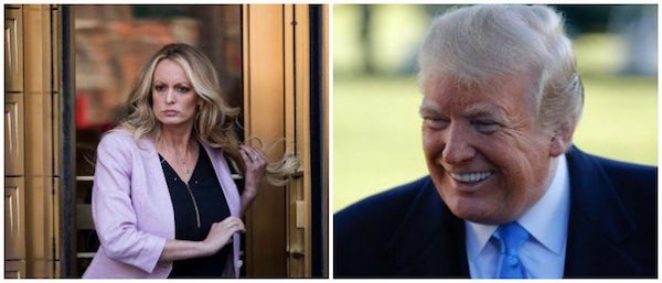 La estrella porno Stormy Daniels (i) y el presidente Donald Trump.