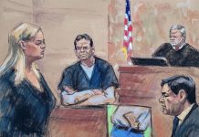 Vicentillo Zambada se despide del Chapo: No es mi enemigo pero tampoco un mito Reproducción fotográfica de un dibujo realizado por la artista Jane Rosenberg donde aparecen Amanda Liskamm (i), asistente del fiscal de Estados Unidos, Adam Fels; Vicente Zambada (c), hijo de Ismael "El Mayo" Zambada y uno de los testigos principales en el juicio por narcotráfico contra Joaquín "El Chapo" Guzmán, y Joaquín "El Chapo" Guzmán (d), durante la continuación del juicio por narcotráfico contra el narcotraficante, en el tribunal del Distrito Sur en Brooklyn, Nueva York.