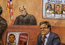 Reproducción fotográfica de un dibujo realizado por la artista Jane Rosenberg donde aparece el narcotraficante mexicano Joaquín "El Chapo" Guzmán (d)