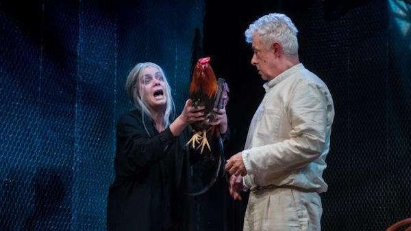 Zulema Clares, el gallo Horacio y Germ&aacute;n Jaramillo en "El coronel no tiene quien le escriba".