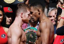 "Canelo" y Jacobs superan la ceremonia del pesaje con un amago de agresión El peleador mexicano Saúl "Canelo" Álvarez y el estadounidense Daniel Jacobs.