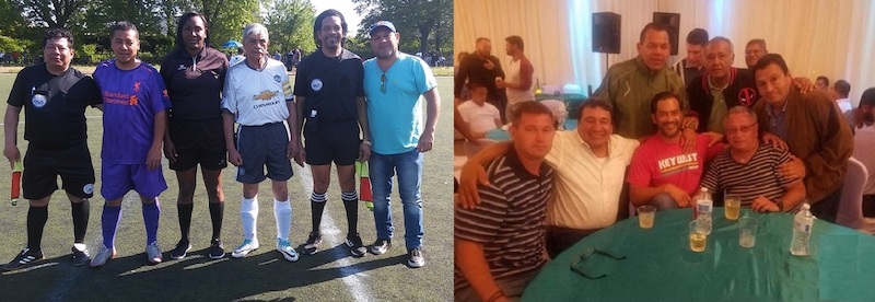 (I) Recientemente la Liga Guatemala con sede en Red Hook Park cont&oacute; con los excelentes servicios de Justina Margarita de la Cruz, como referi central y juez de l&iacute;nea. Aqu&iacute; aparece rodeada por la dupleta tradicional de referis de la liga y de Anibal "Mr. VP" Ochoa, vice-presidente de la liga, entre&nbsp;otros.&nbsp; (D) Oscar "La Coneja" Sanchez, ex-crack del f&uacute;tbol nacional de Guatemala (centro de pie), quien est&aacute; padeciendo de una seria enfermedad. Lo acompa&ntilde;an&nbsp;Araely L&oacute;pez Echeverria, Felix Macdonald, Carlos "Pescadito" Ruiz y Carlos "El Cuilapa" Juarez, entre otros.&nbsp;(Fotos: Buki Chapin y Cortes&iacute;a F.B.)
