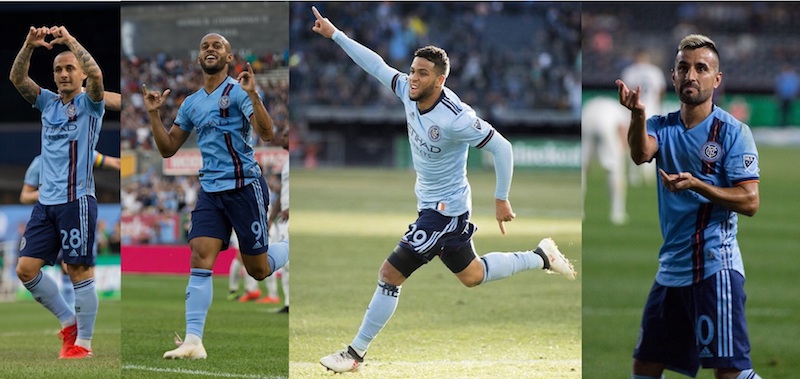 Desde la izquierda, los autores de las cinco anotados del NYCFC sobre el FC Cincinnati, Alexandru Mitrita, H&eacute;ber, Ismael Tajouri-Shradi y Maxi Moralez.&nbsp; (Fotos Cortes&iacute;a: Cathy Lojo)&nbsp; &nbsp;&nbsp;&nbsp;