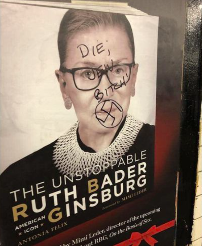 En marzo de este a&ntilde;o en una estaci&oacute;n de la linea G del tren subterr&aacute;neo en Brooklyn, un postre con el rostro de la jueza de la Corte Suprema de los Estados Unidos, Ruth Bader Ginsburg, fue cubierto con palabras de odio antisemitas y una esv&aacute;stica.