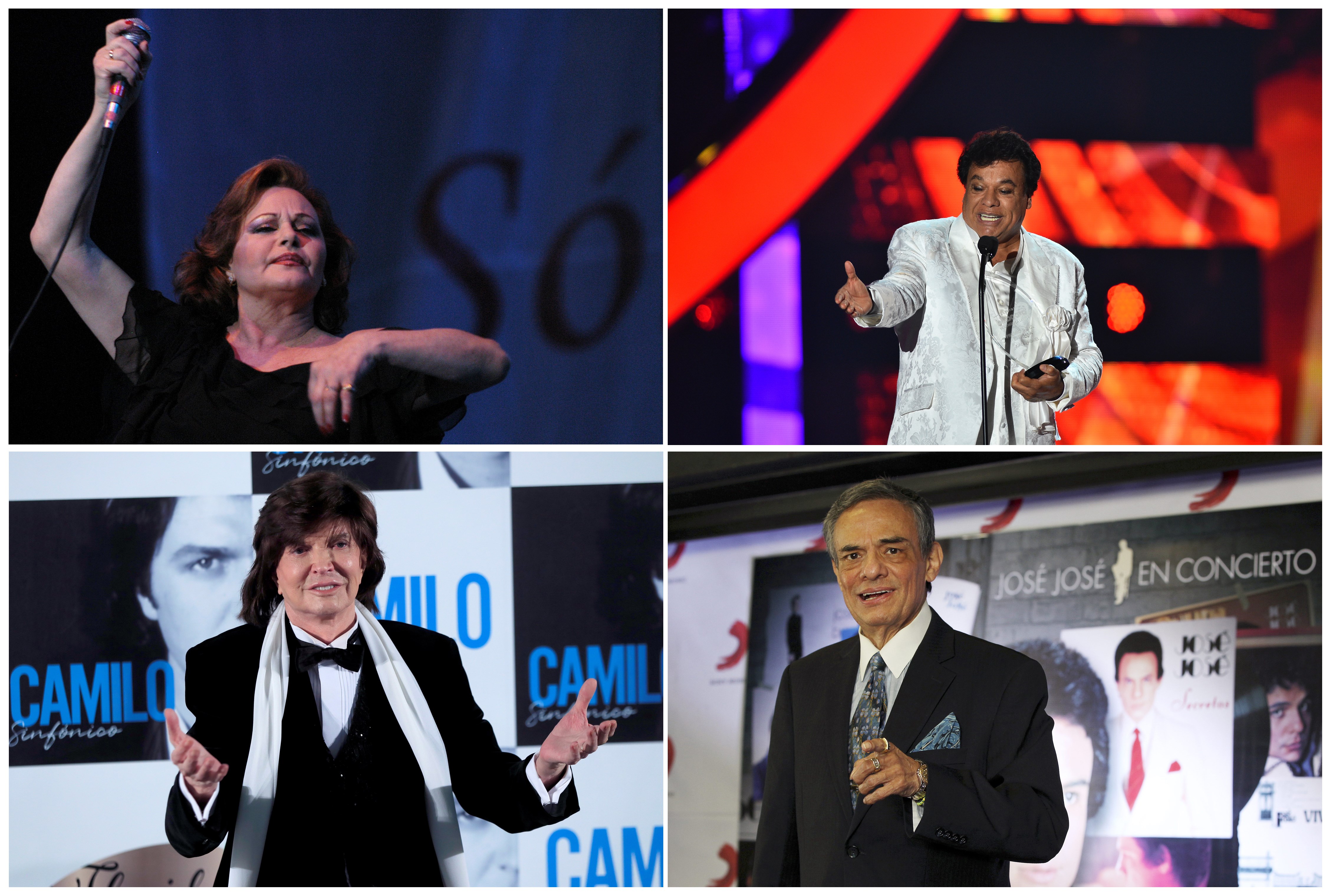Combo de fotografías de archivo que muestra a los cantantes Rocío Durcal (i), Juan Gabriel (d), Camilo Sesto (i-abajo) y José José (d-abajo). Ya son varios los cantantes de la balada romántica en español que han partido como Rocío Durcal, Juan Gabriel, Camilo Sesto y ahora José José, iconos que marcaron a varias generaciones en Latinoamérica con este género del que solo quedan Raphael, Roberto Carlos, Julio Iglesias, entre otros.