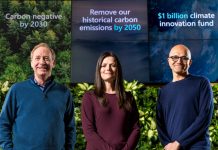 Microsoft promete eliminar más dióxido de carbono del que emite para 2030 Presidente de Microsoft, Brad Smith, Jefe Financiera Amy Hood y el CEO Satya Nadella. (Foto Twitter)