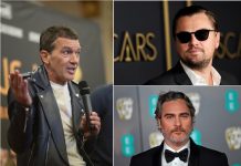 Combo de fotografías de archivo que muestra a los actores: Antonio Banderas (i), y Joaquin Phoenix (d, arriba), y Leonardo DiCaprio (d, abajo).