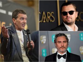 Combo de fotografías de archivo que muestra a los actores: Antonio Banderas (i), y Joaquin Phoenix (d, arriba), y Leonardo DiCaprio (d, abajo).